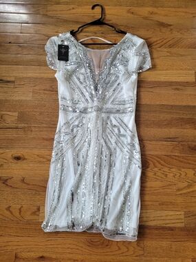 White Sequin Embellished Mini Dress with Sheer Detail - Women